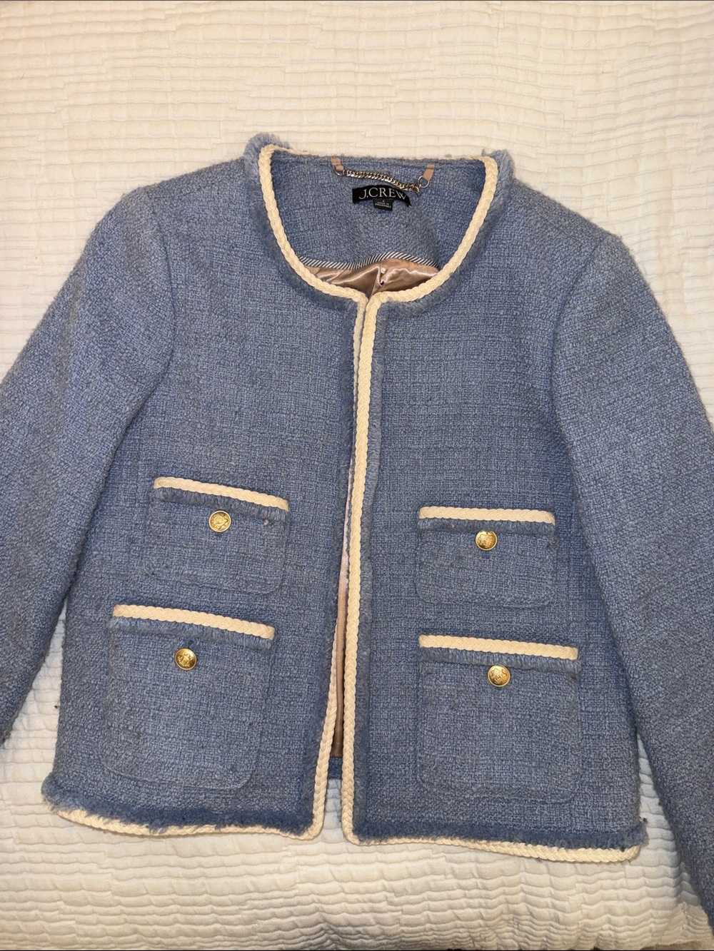 J. Crew Blue Bouclé Cropped Jacket with Cream Trim